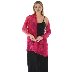 Detailed view of the sequin embroidered floral shawl, elegant evening wrap for women.