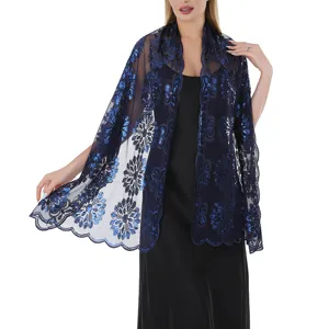 Elegant dark blue sequin embroidered mesh evening shawl wrap for women party dress.