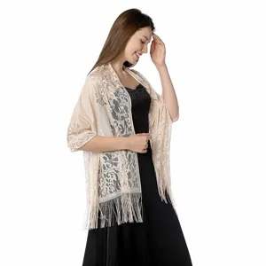 Elegant lace wrap shawl for women, hollow design with tassel fringe, perfect for evening dress.
