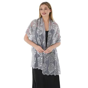Elegant grey sequin embroidered mesh evening shawl for women, perfect for party and wedding events.