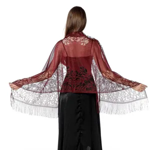 Red lace shawl for women, elegant floral hollow evening dress wrap scarf with fringe details.