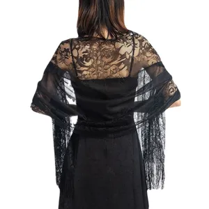Elegant black lace evening shawl for women, hollow floral wrap with fringe for bridal party.