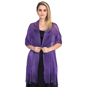Close-up view of the shimmer purple metallic shawl showing fringe detail and shiny fabric texture.