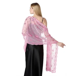 Elegante roze pailletten ster maan geborduurde kant sjaal voor avondfeest bruidsjurk wrap