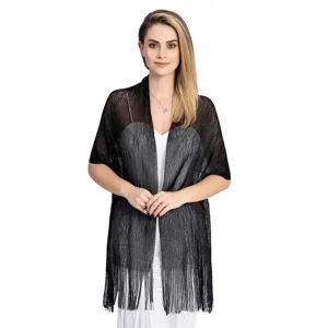 Exquisite metallic thread tassel shawl, elegant evening party wrap and bridal scarf detail.