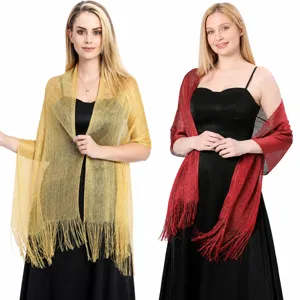 Women Polyester Metallic Tassel Shawl Evening Party Wedding Bridal Wrap Scarf Glitter Shiny Dress Accessories