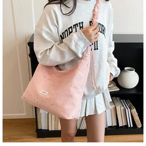 Sweet pink star print hobo tote bag for women, stylish large capacity casual shoulder bag.