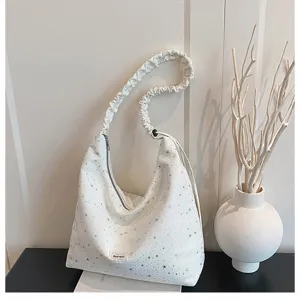 White star print shoulder tote bag with gathered strap, minimalist casual daily design.