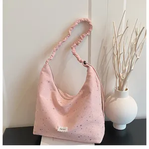 Pink starry tote bag for women, large capacity shoulder bag with gathered strap, sweet style