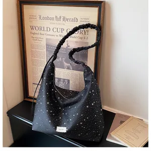 Black star print hobo shoulder bag casual tote bag with scrunchie strap for women stylish daily use