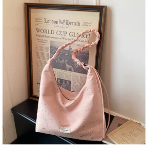 Pink starlight printed hobo tote bag with gathered strap, sweet large capacity casual design.