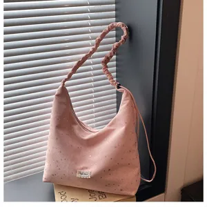 Pink starry print slouchy shoulder tote bag, sweet casual large capacity women bag