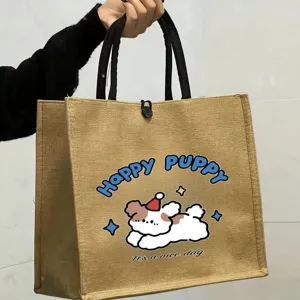 Large Capacity Canvas Tote Bag Casual Commuter Linen Handbag Cute Cartoon Printed Grocery Bag Shopping Tote Bag For Women