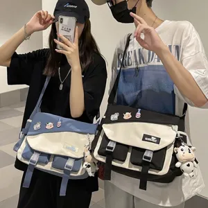 Men Canvas Messenger Bag Large Capacity Color Block Crossbody Bag Casual Japanese Style Shoulder Bag For Daily Commute