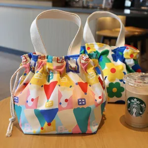 Sac à lunch coulissant en toile avec motifs colorés, sac à main portable pour tous les jours.