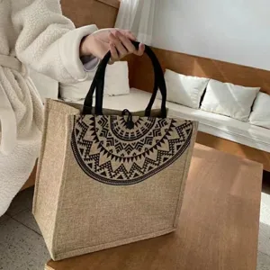 Grote capaciteit jute shopper tas voor dames, casual geometrische bedrukte handtas chic.