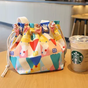 Cute colorful geometric pattern canvas drawstring lunch bag portable bento storage handbag