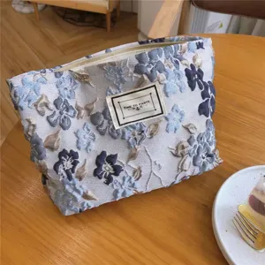 Detailansicht der blauen floralen Jacquard-Kosmetiktasche, die Stofftextur zeigt.