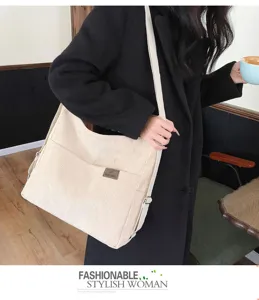 Sac à bandoulière en velours côtelé style japonais grande capacité fourre-tout tendance