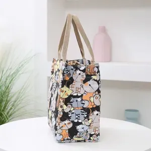 Cute cartoon cat print canvas lunch bag, thick durable tote handbag, stylish daily storage bag.