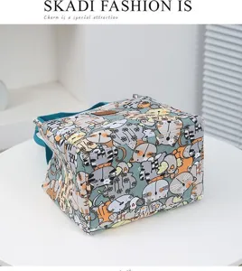 Thickened canvas lunch bag detail showing cute cat print, durable material and handle.