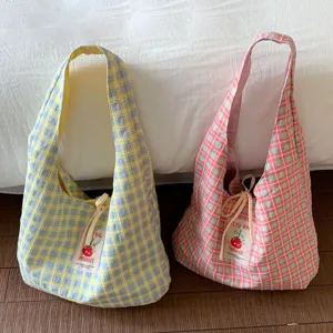Women's Casual Plaid Canvas Tote Bag Large Capacity Student School Handbag Bowknot Contrast Color Daily Shoulder Bag