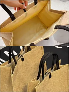 Close-up detail of large capacity jute tote bag with black handles and neat interior.