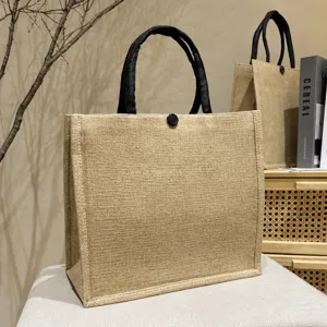 Large capacity burlap tote bag with sturdy handles, perfect for daily commute and shopping.