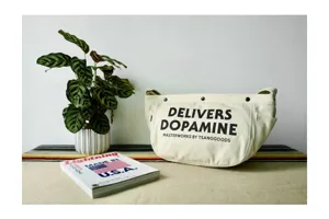Detailaufnahme der Canvas-Kurier-Tasche mit großem Fassungsvermögen und auffälligem Design.