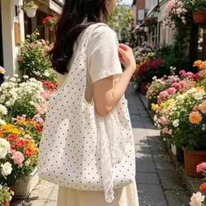 Women polka dot canvas tote shoulder bag with lace ribbon, casual large capacity summer handbag.