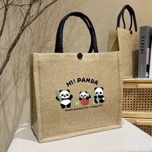 Large capacity jute tote bag with cute panda print, casual canvas handbag for women commuting.