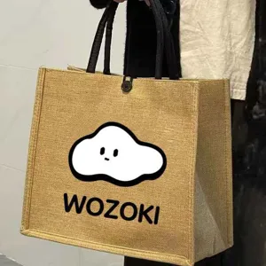 Jute tote bag large capacity casual commuting linen handbag with cute cloud print for women