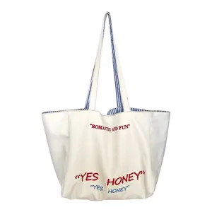 Large capacity canvas tote bag with striped straps and cute letter embroidery for daily use.