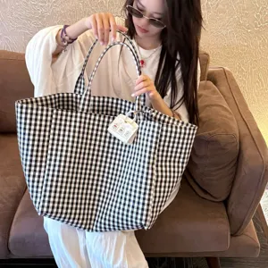 Large Capacity Canvas Tote Bag For Women Minimalist Black And White Plaid Shoulder Bag