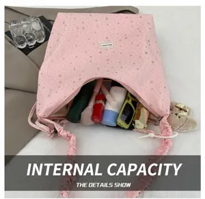 Pink starry tote bag with large capacity, trendy composite fabric casual shoulder bag for women