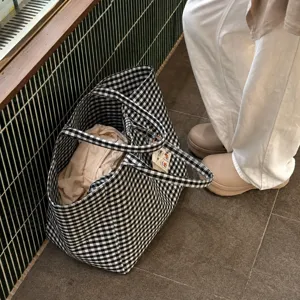 Black and white plaid canvas tote bag, large capacity stylish shoulder bag for women daily commute.