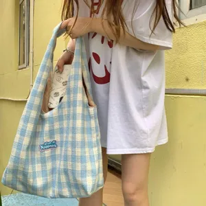 Korean Style Lazy Retro Plaid Canvas Shoulder Bag Casual Large Capacity Tote Handbag Bowknot Daily Commuting Bag