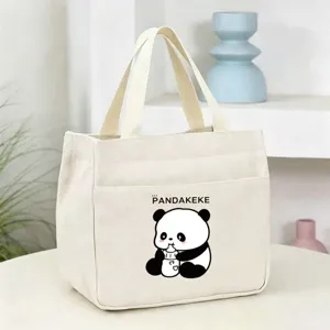 Bolsa de almuerzo de lona con lindo estampado de panda, bolso portátil para oficina y escuela.