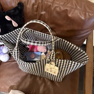 Chic black and white plaid canvas tote bag, large capacity shoulder bag for women.