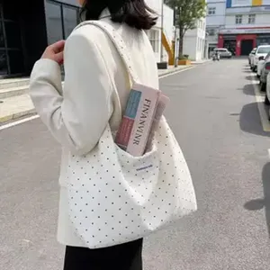 Canvas polka dot tote bag detail view, casual shoulder bag for women daily use and travel