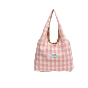 Pink white plaid canvas tote bag Korean style casual shoulder bag for women daily use