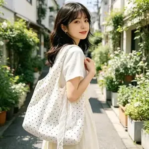 Women canvas tote bag casual polka dot shoulder bag large capacity daily student handbag
