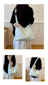 Korean style polka dot canvas tote bag with cute puppy pendant, large capacity shoulder bag.
