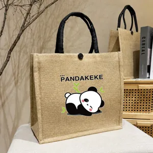Large capacity printed burlap tote bag casual daily linen shopping handbag for women daily use