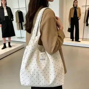 Casual polka dot canvas tote bag for women, large capacity shoulder bag for daily use.