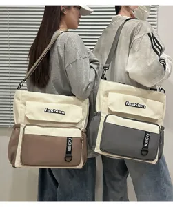 Large capacity canvas messenger bag for students, trendy shoulder bag with multi pockets.
