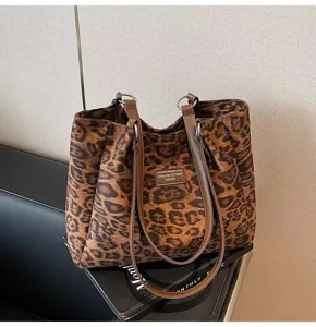 Retro leopard print large capacity women shoulder bag autumn winter fashion tote handbag