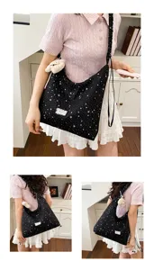 Sweet starry sky print canvas tote bag, large capacity lazy style shoulder bag with cute bear.