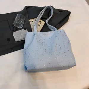 Casual light blue star print canvas tote bag with large capacity for daily student commuting.