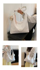 Spring new large capacity starry print tote bag with ruffled strap and cute bear charm.